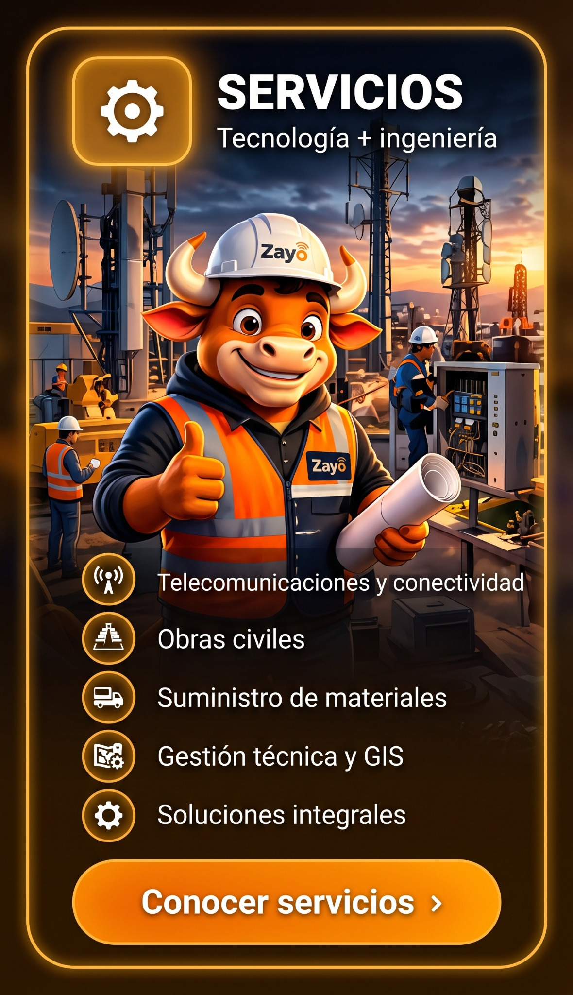 Servicios Zayo: telecomunicaciones, obras civiles, suministro de materiales, gestión técnica y GIS.