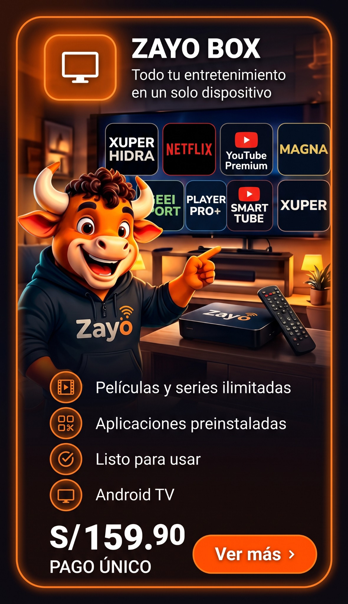 Zayo Box con dispositivo, control remoto y mosaico de aplicaciones compatibles; S/ 159.90 pago único.